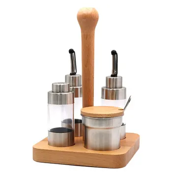 

Wooden Seasoning Jar Set Stainless Steel Seasoning Jar Chili Jar Dusting Pepper Seasoning Bottle Rack