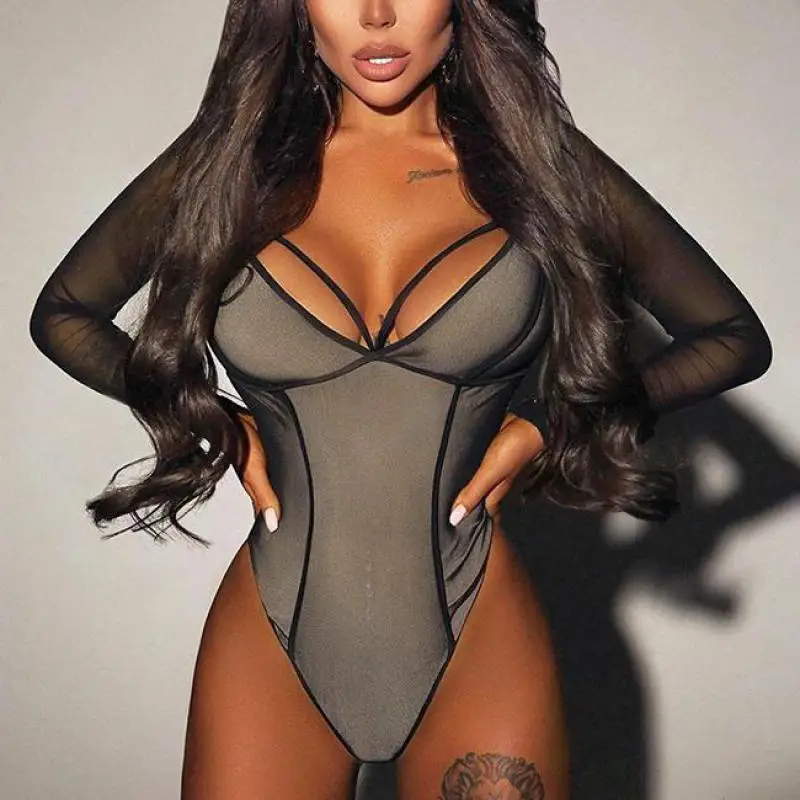 

Женский сексуальный комбинезон с длинным рукавом и глубоким V-образным вырезом, прозрачный черный комбинезон для клувечерние, комбинезоны, Уличная Повседневная одежда, комбинезон для женщин