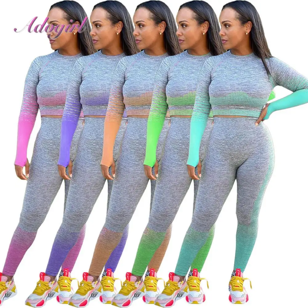 Women Workout Two Piece Sets Gradient Long Sleeve Crop Tops Sweatshirt Joggers Pants Suit Set Outfit Sporty Fitness Tracksuit |