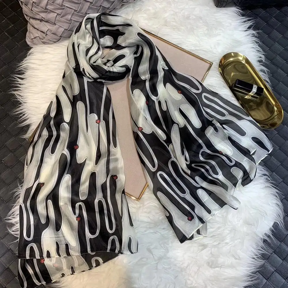 Женский шёлковый шарф черный белый золотистый длинный 100% x 180 см|brand silk scarf|fashion