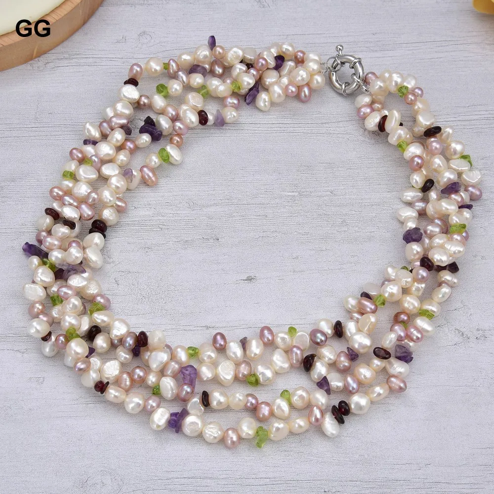

G-G Natural Pearl 4 Strands 19'' Pearl Prehnite Amethyst Garnet Necklace