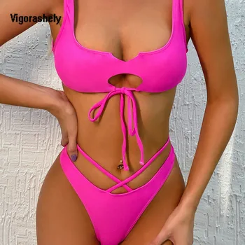 

Vigorashely Hollow Swimwear Women Sexy Strapped Bikini 2020 Two Piece Swimsuit Female Solid Push Up Bikini Set Bathing Suit Swim