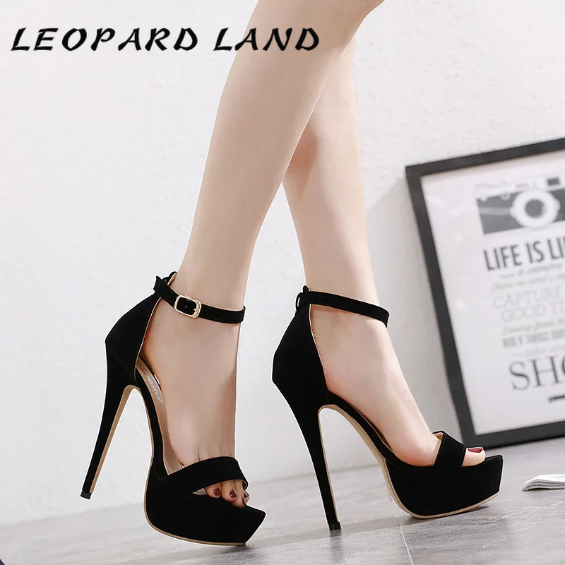 Женские босоножки на шпильке LEOPARD LAND черные платформе с пряжкой ремешком пятке 14