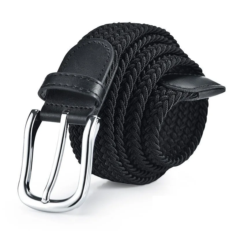 

High Quality Women Men Knitted Silver Black Pin Buckle Belt Woven Canvas Elastic Braided Stretch Belts Plain Webbing Strap