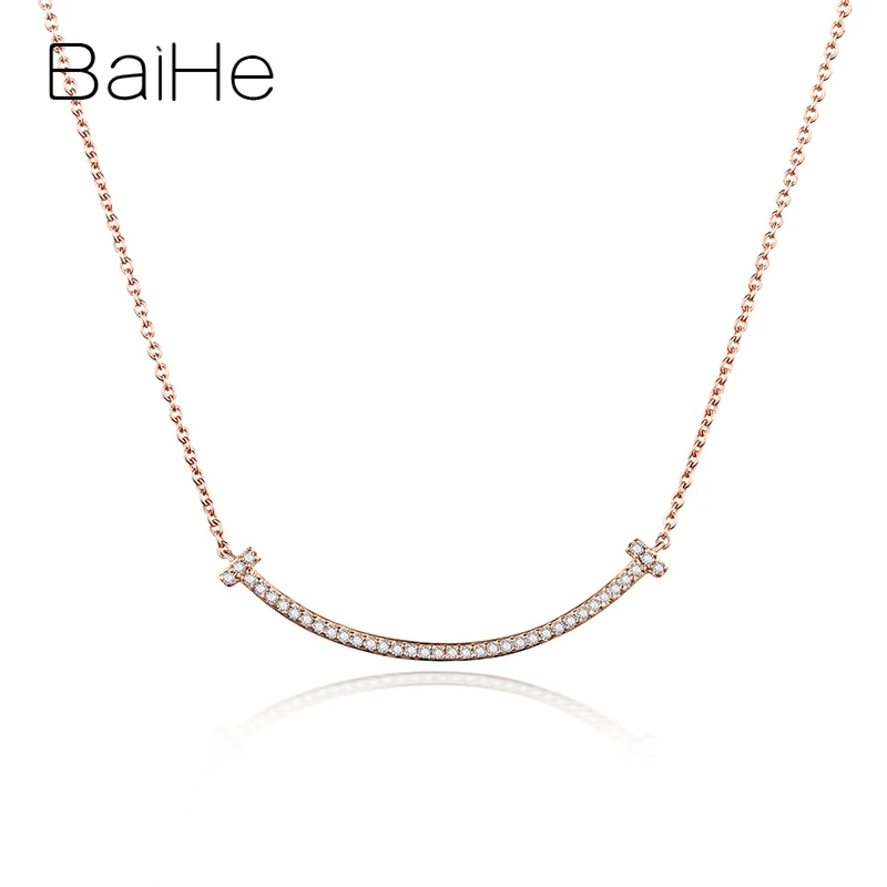 

BAIHE Solid 18K Rose Gold Total 0.35ct Certified H/SI Round 100% Genuine Natural Diamonds Jewelry Wedding smile Gift Necklaces