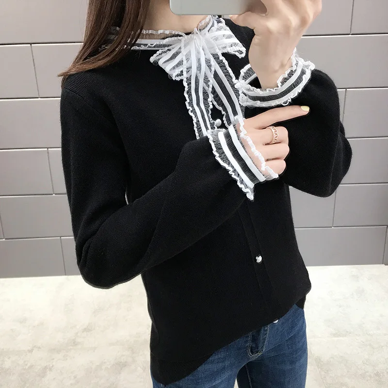 Sweater Women Autumn Winter Elegant Sweet Frill Lace Trim Bow Single Breasted Cardigan Ladies Knitted Sweater Soft Knitwear