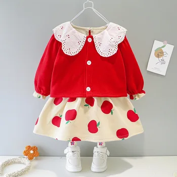 

Winter Baby Girl Clothes Plush Skirt Set Lovely Toddler Girl Cardigan Coat+Skirts Two Piece Thicken Velvet Casual Newborn Outfit