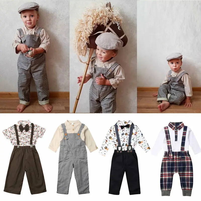 Официальные мужские костюмы для маленьких мальчиков рубашки с длинными рукавами и галстуком-бабочкой клетчатые брюки на бретелях комплекты из 2 предметов для мальчиков в английском стиле От 0 до 6 лет