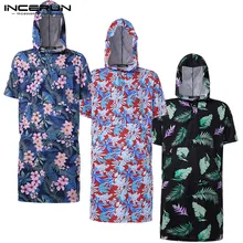 INCERUN, мужские халаты с цветочным принтом, быстросохнущие, короткий рукав, с капюшоном, пляжные, с карманами, халаты, модное полотенце, мужские пончо, халат