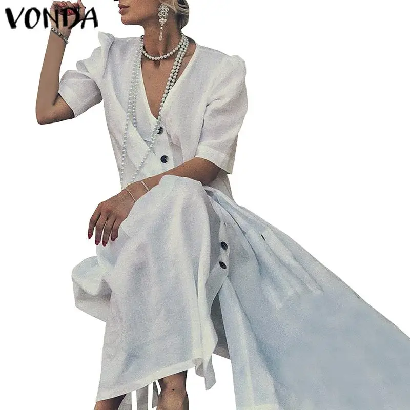 VONDA/женские вечерние платья из хлопка с коротким рукавом и глубоким v-образным вырезом, длинные платья на пуговицах, праздничное плиссированное платье Vestidos размера плюс - Цвет: Белый