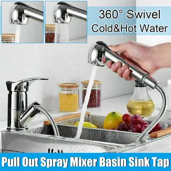 

Solid Brass Kitchen Faucet Single Hole Pull Out Spout Kitchen Sink Mixer Tap Stream Sprayer Head Silver Hot Cold Tap Mixer