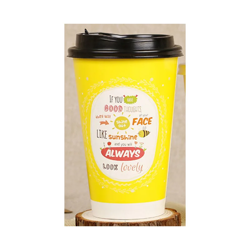 cup and lid 50 шт мультфильм креативная одноразовая кофейная чашка 500 мл вечерние день рождения холодные и горячие напитки толстый молочный бумажный стаканчик для чая с крышкой - Цвет: cup and lid