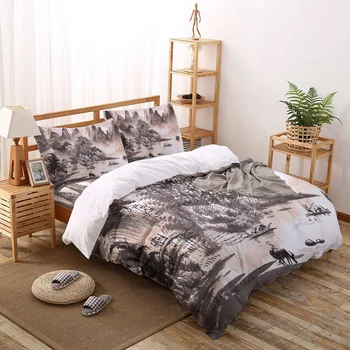 

Landscape Watercolor Painting Chinese Style Printed Duvet Cover Set 4 Piece Bedding Set Home Textile Customizable