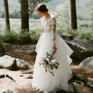 Sheer Scoop Appliques Lace Illusion Backless Long Sleeve Wedding Dresses vestido de casamento A-line Sweep Train Bridal Gowns