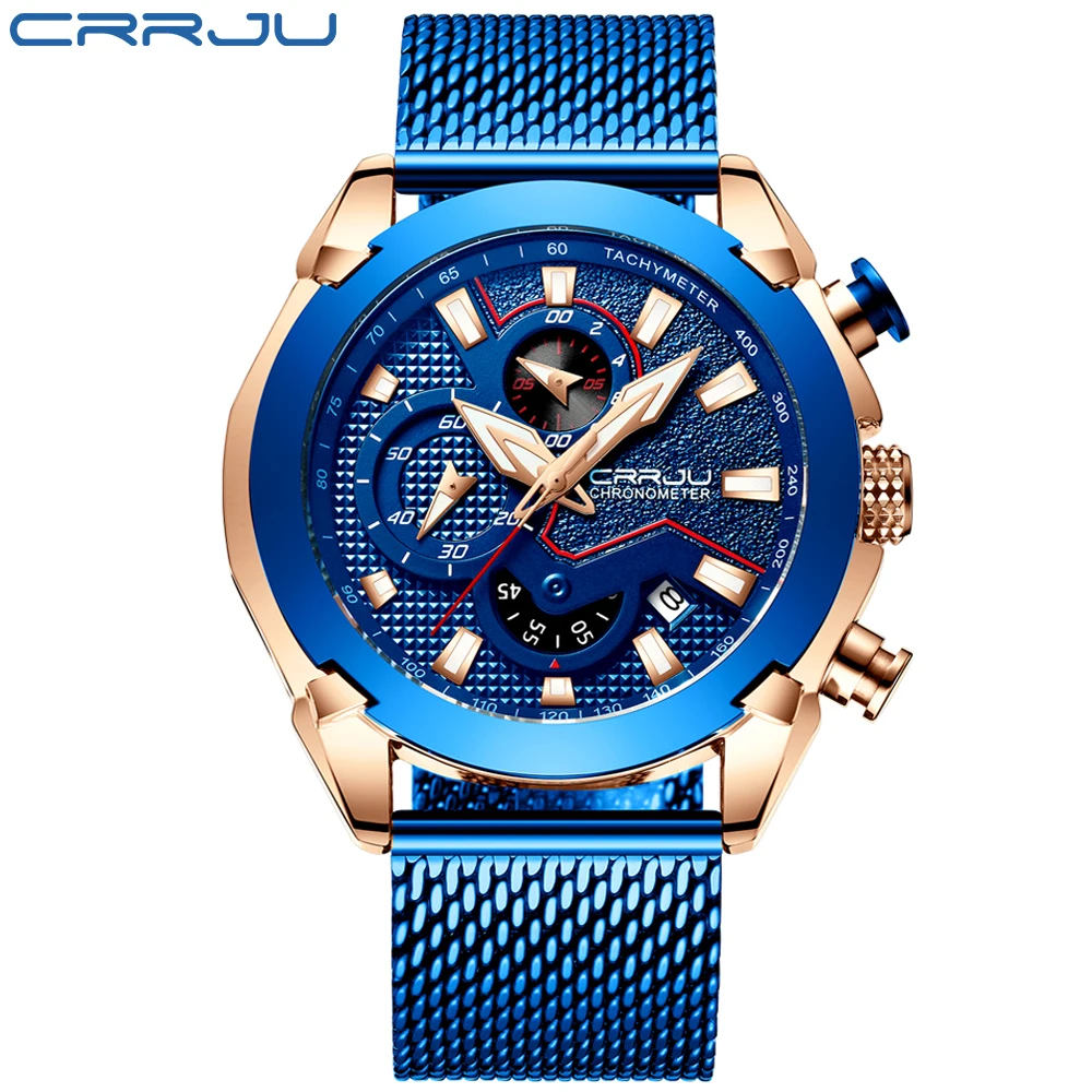 CRRJU спортивные часы с хронографом, минималистичные повседневные Стальные наручные часы, мужские Модные спортивные водонепроницаемые часы с синим ремешком, часы для мужчин - Цвет: blue