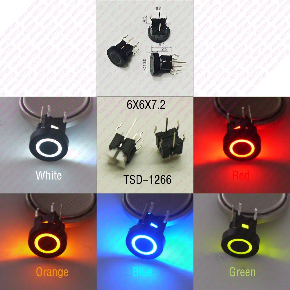 10 шт., 6X6X8,2 мм, со светодиодным кольцом питания, с логотипом, черная пластиковая крышка, 6PIN, кнопка мгновенного нажатия, круглая головка, индикация, кнопка