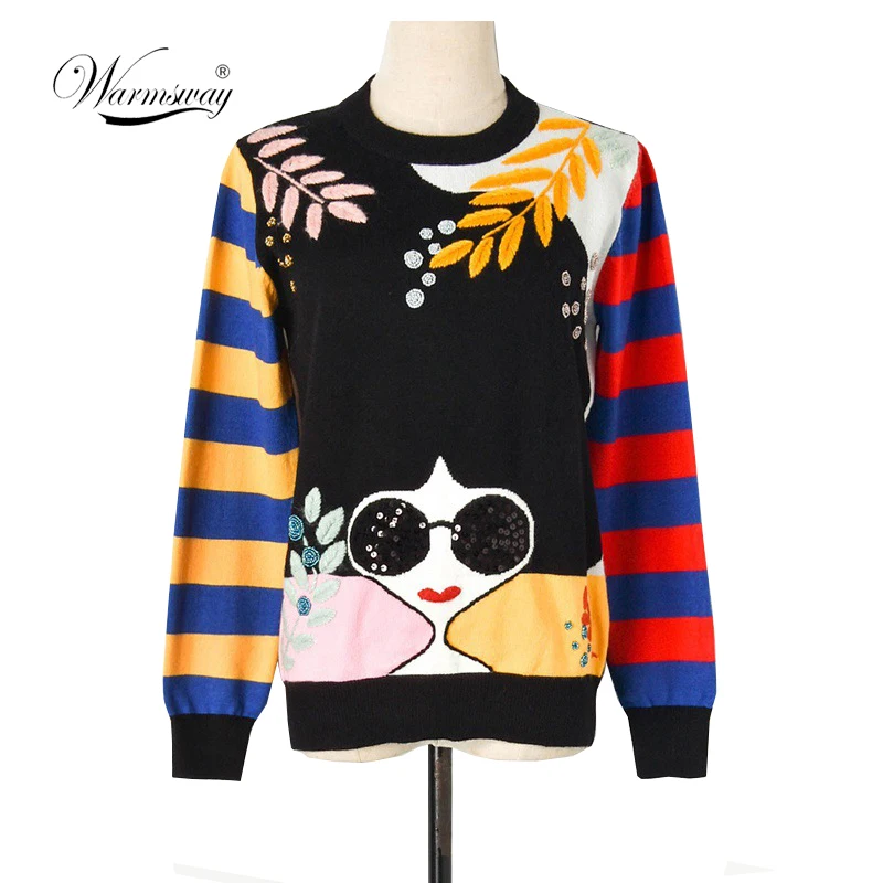 

Winter New Contrast Striped Sleeve Embroidery Leaves Beaded Sequins Sunglasses Girls Knit Sweater C-331