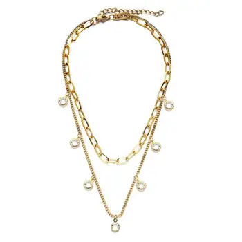

Stainless Steel White Blue Crystal Multilayer Necklace for Women Girls Paperclip Chain Choker Collar Jewelry