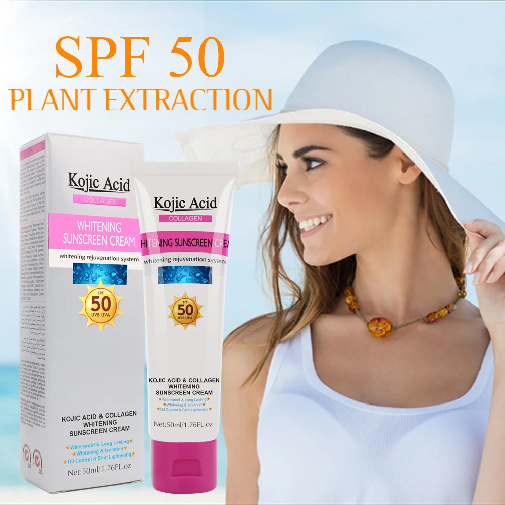 Kojic Acid Collagen Sunscreen Cream Whitening Concealer Isolation UV Moisturizing Skin Care Waterproof Long Lasting SPF50