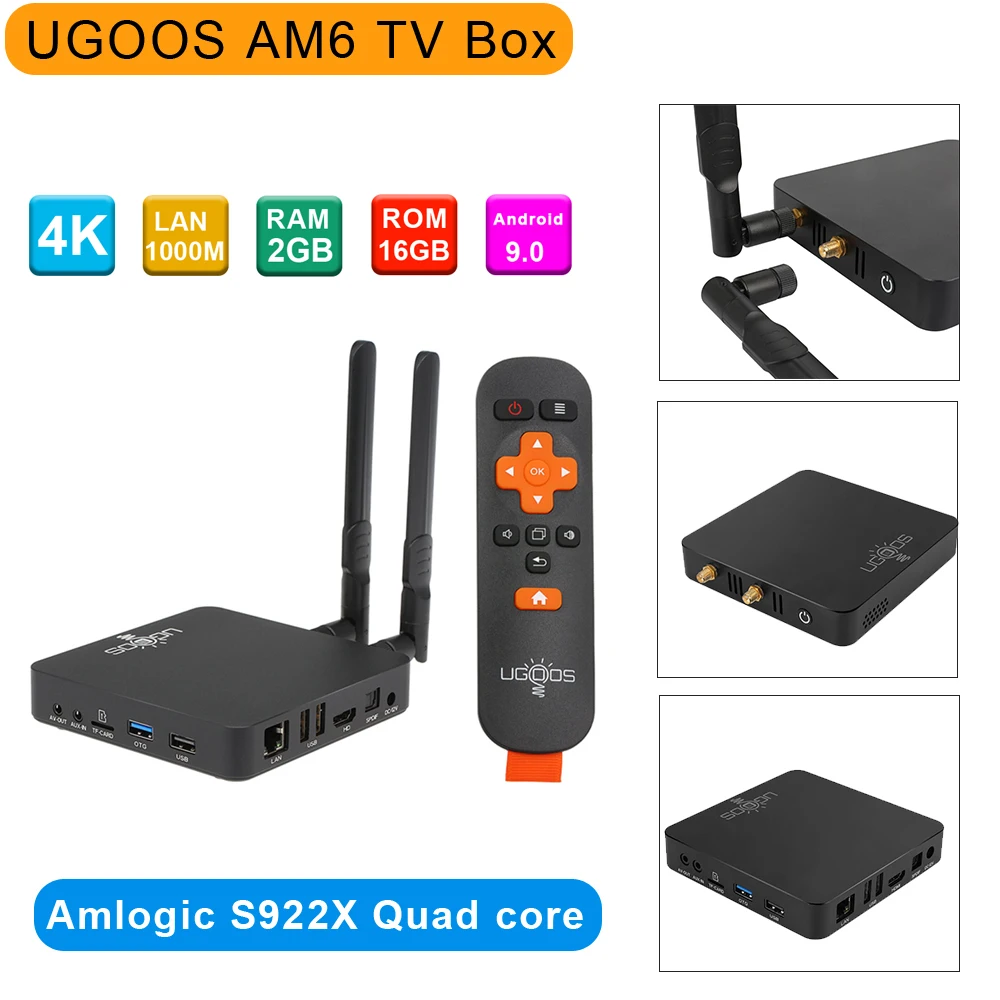 UGOOS AM6 Android 9,0 ТВ приставка S922X 2 Гб ОЗУ DDR4 16 Гб ПЗУ 2,4G 5G WiFi 1000M LAN BT 5,0 4K HD Смарт медиаплеер приставка