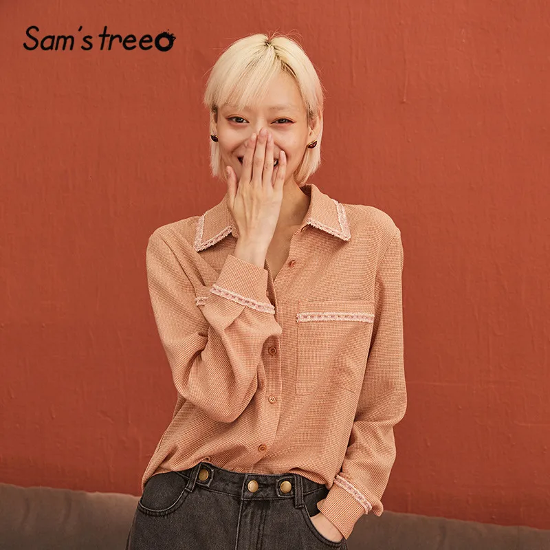 SAM'S TREE Orange Plaid Pocket Single Breasted Blouse Women Winter British Ribbon Long Sleeve Casual Office Ladies Tops