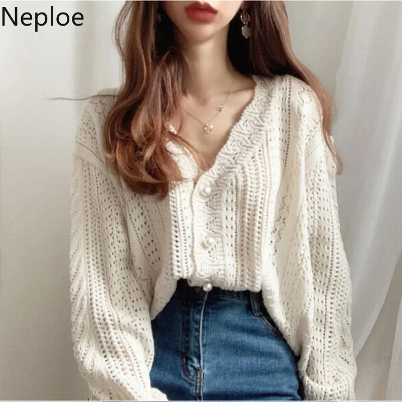 Neploe Sexy Hollow Out Thin Knit Sweater V Neck Long Sleeve Cardigans Crazy Style Loose Outwear Pull Femme Pearl Button Design |