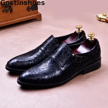

Printed Genuine Leather Men Shoes Single Buckle Strap Men Monk Shoes Black Brown Formal Dress Shoes For Men Suit For Business