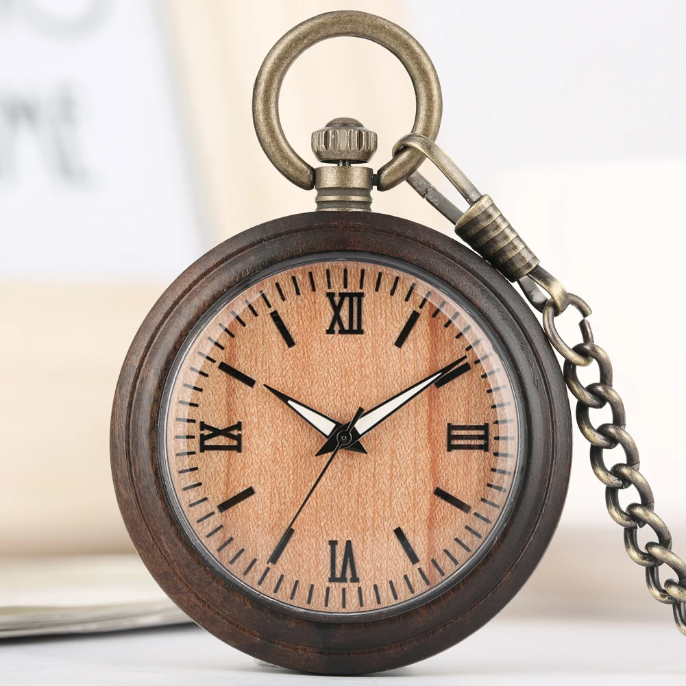 

Nature Bamboo Wooden Men Women Quartz Pocket Watch Roman Numerals Round Dial Bronze Pendant Chain