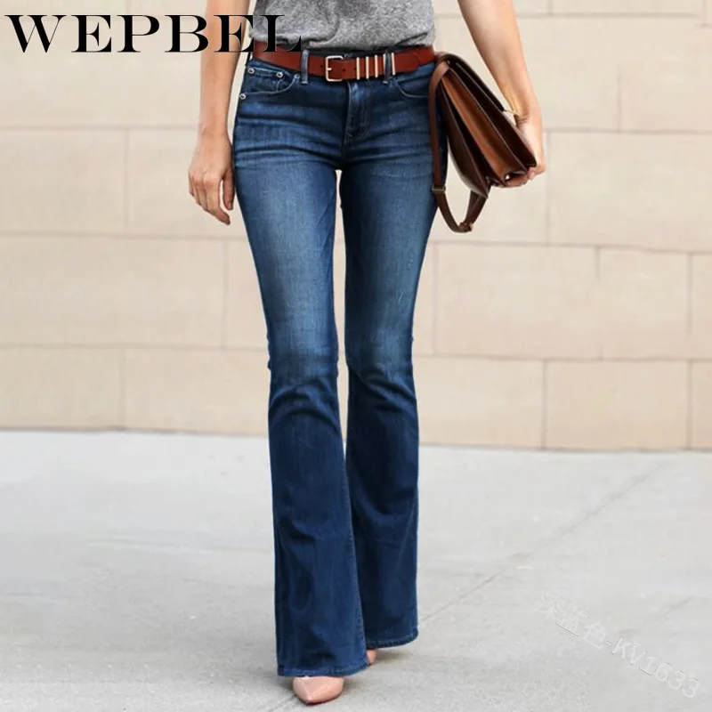 

WEPBEL Autumn Casual Slim Fit Denim Full Length Flare Pants Women's Solid Color Mid-Waist Fashion Jeans