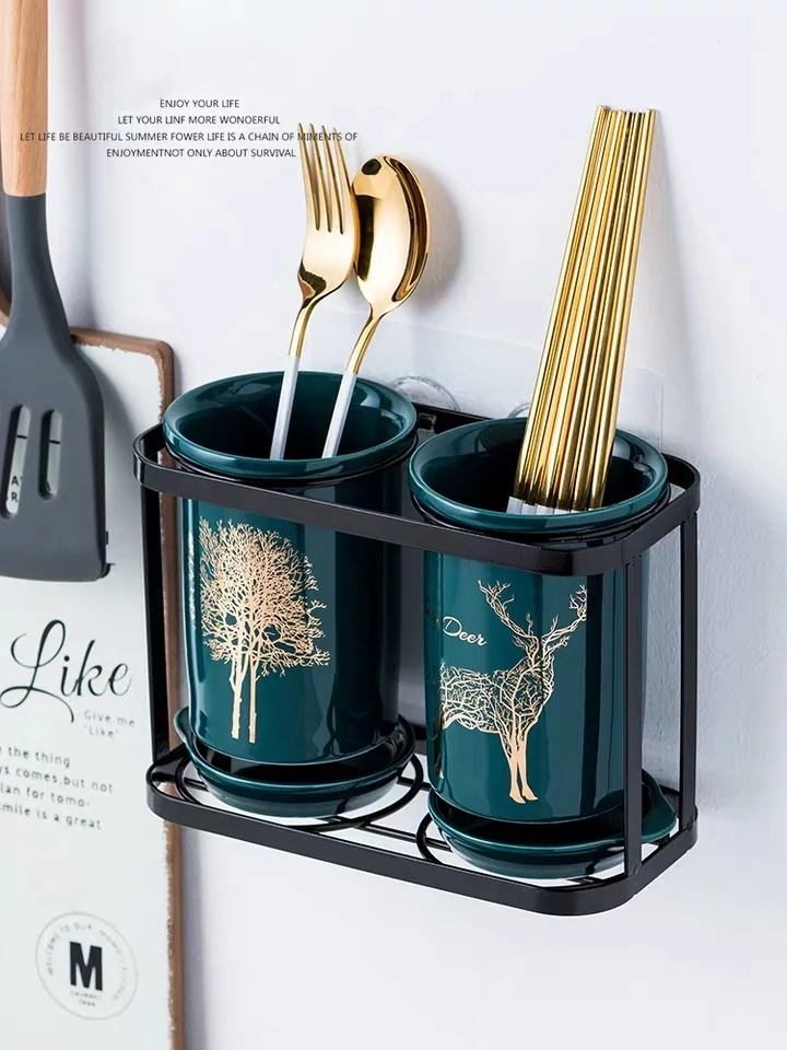 Kitchen Storage Box Ceramic Chopsticks Tube Drain Rack Spoon Bucket Knife Fork Tableware Holder Racks Kitchen Utensil Holder