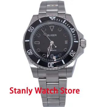

Solid Bliger 40mm Black Dial Stainless Steel Bracelet Arch Glass Date Display Miyota 8215 Automatic Movement Men's Watch