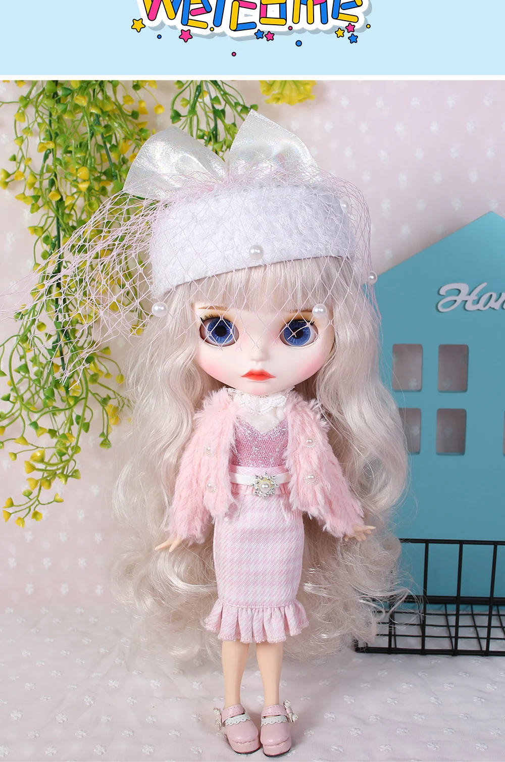 Neo Blythe Doll Pink Banquet Dress with Coat, Hat & Bag 2