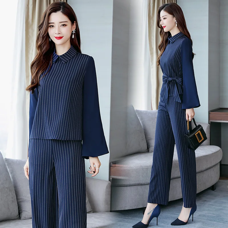 

2019 new Women Autumn Spring 2 two Piece Sets Office Lady striped shirt blouse tops and long wide leg pants trousers suits