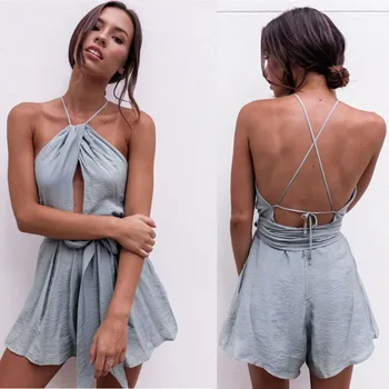 

Women Summer Jumpsuit Camisole Bow Reveal Solid Color Romper V neck Cross Hollow Casual Overalls