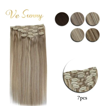 

VeSunny Clip in Hair Extensions Machine Made Remy Human Hair 7pcs Double Weft Clip on Extensions Ombre and Highlighted Color