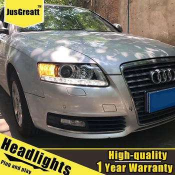 شراء زوج لأودي A6 LED المصابيح الأمامية 2005-2011 A6 HID رئيس مصابيح ثنائية زينون شعاع الضباب النهار تشغيل أضواء مزدوجة عدسة