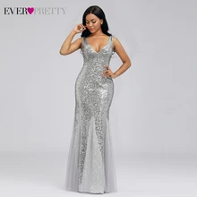 Сексуальные Серебряные вечерние платья, длинные, Ever Pretty EP00946SV, расшитые блестками, с двойным v-образным вырезом, блестящие маленькие вечерние платья со шлейфом Abendkleider