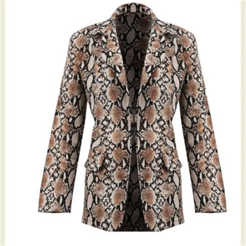 Retro Snake Print Suit Jacket Pocket, Notched Collar, Long Sleeve Jacket, Coat, Female, Retro, Loose,