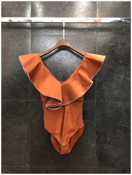 

2020 Xia Ladies Solid Color Lotus Leaf Edge Lead V Lead Sleeveless Lin Tai Swimming Suit Woman Swimwear Tide