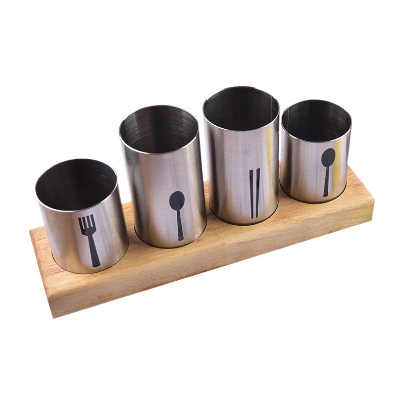 

Tableware Storage Chopstick Knife Spoon Fork Basket Storage Rack Set Bottles with Wood Stand Tray Stainless Steel Boxes Dinnerwa