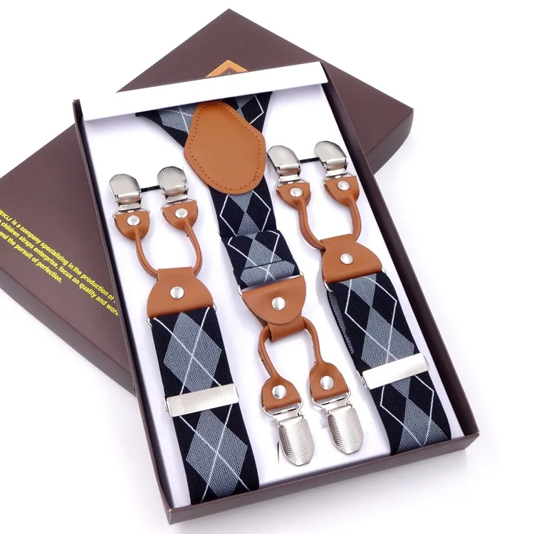 Male Shirt Suspenders Brown PU Leather 6 Clips Suspenders Western-style Trousers Man Braces Adjustable Suspenders Gift Box