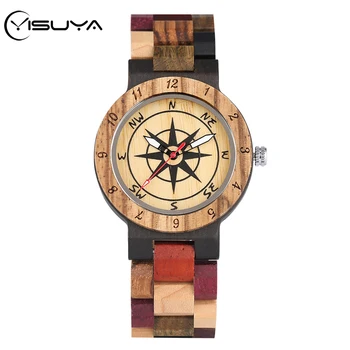 

YISUYA Color Matching Design Wooden Watches for Women Compass Dial Mixed Colorful Wooden Bangle Woody Watch Girl orologio donna