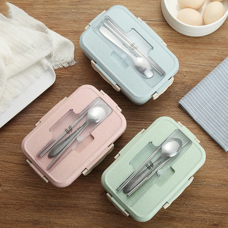 

Large Capacity Microwave Lunch Box with Spoon & Fork 3-Compartment Divided Food Storage Container Boxes 1000ml