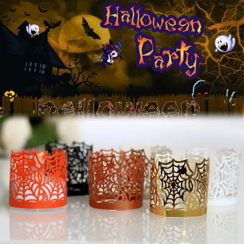 50Pcs Halloween Spider Web Paper Laser Cut Hollow Flameless Tea Light Candle Lampshade Holder Wedding Party Home Decor