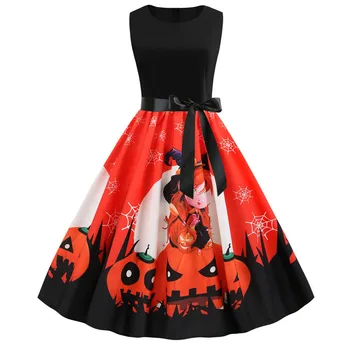 

Women Sleeveless Vintage Cartoon Pumpkins Halloween Evening Prom Costume Swing Dress Female Halloween Party Vestidos Drop Ship