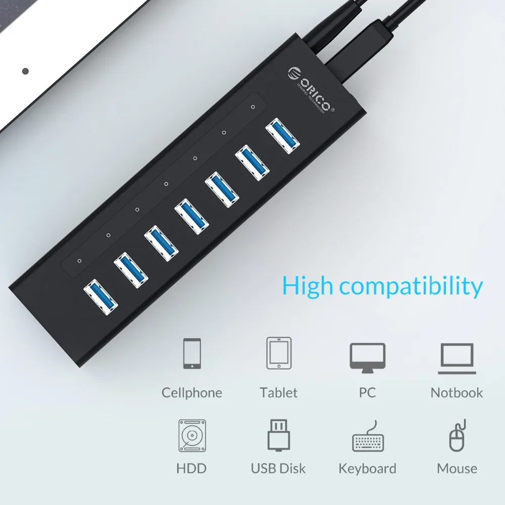 ORICO 7 Порты и разъёмы высокое Скорость Настольный USB3.0 концентратор Поддержка BC1.2 зарядки с Мощность адаптер Алюминий USB разветвитель для Macbook-черный