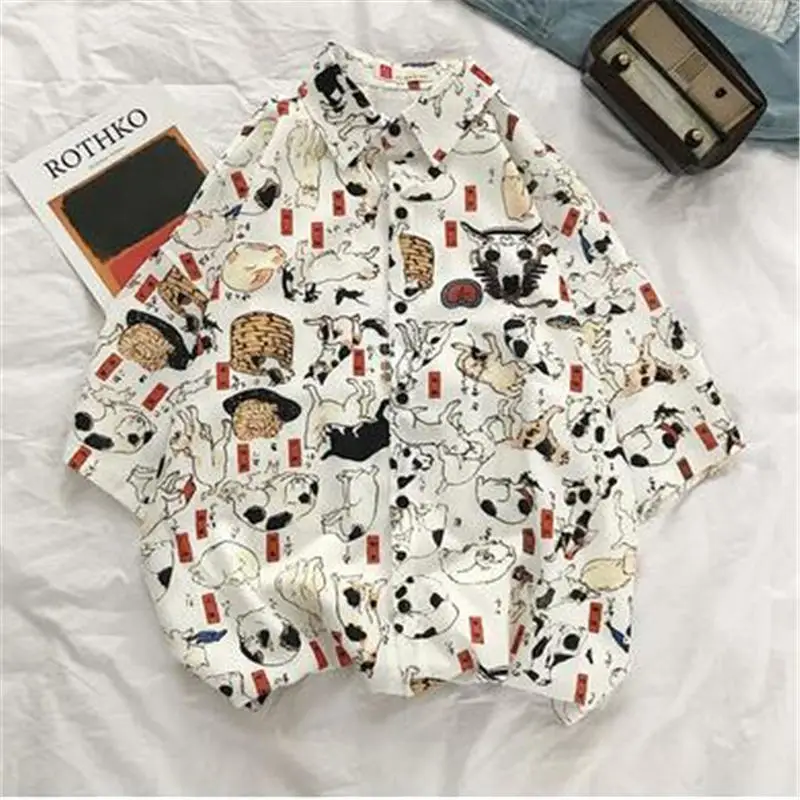 

Summer Cardigan Streetwear Hiphop Shirt Beach Cute Dog Shirt Personality Graffiti Versatile Womens Tops And Blouses
