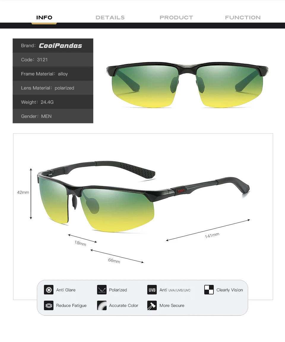 Occhiali da sole di design di marca Occhiali da sole polarizzati quadrati in alluminio e magnesio Tonalità di guida diurne e notturne antiriflesso_voghion.com