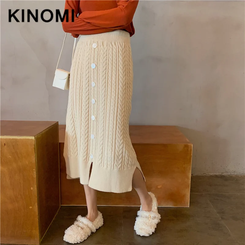 KINOMI Осень Зима теплые вязаные длинные юбки однобортные трапециевидные корейский
