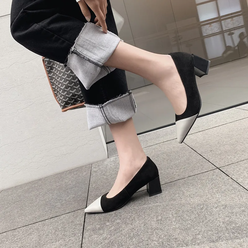 

2019 Spring New Style Contrast Color Pointed-Toe Thin Heeled High Heel Shoes Shallow Mouth Single Shoes Western Style Mixed Colo